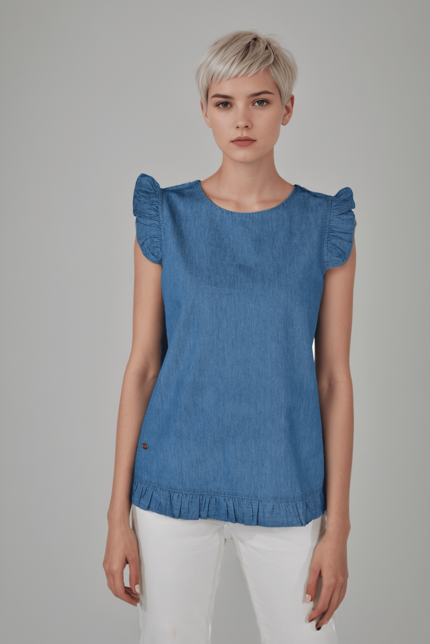Denim Frosty Ruffle Top - DressAtR LLC