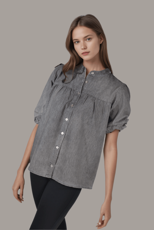 Denim Steel Blossom Blouse - DressAtR LLC
