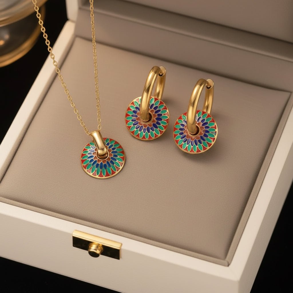 DressAtR 18K Gold Plated Stainless Steel PVD Coated Non Tarnish Water Proof Earring Necklace Set - DressAtR LLC