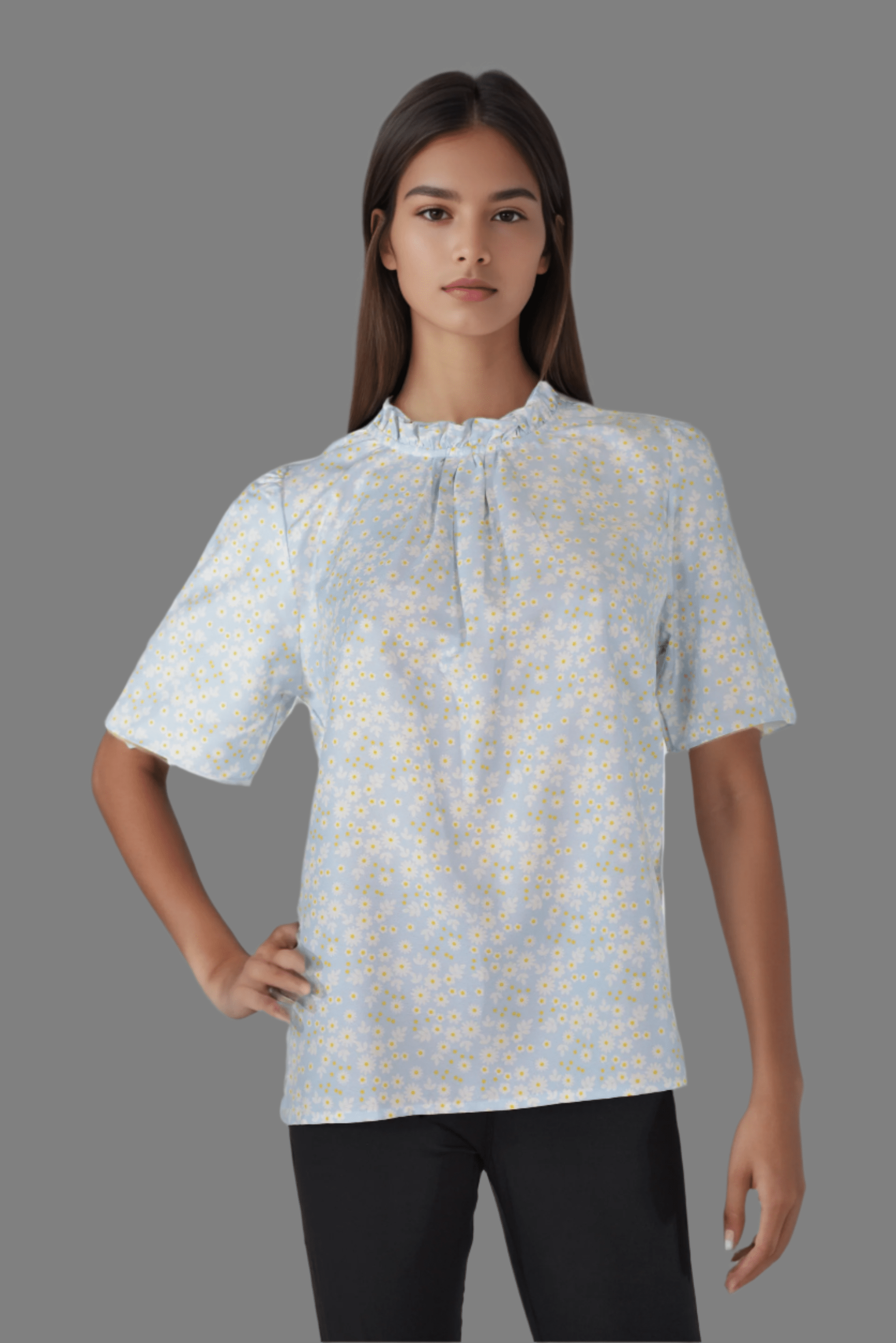 Sky Blue Ruffle High Neck Top - DressAtR LLC