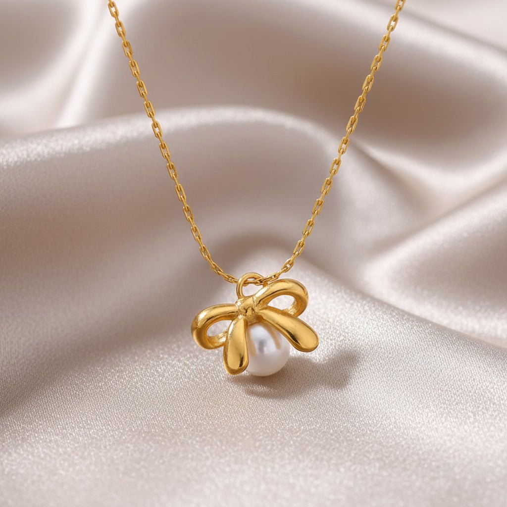 18K Gold Plated Bow Pearl Necklace - DressAtR LLC