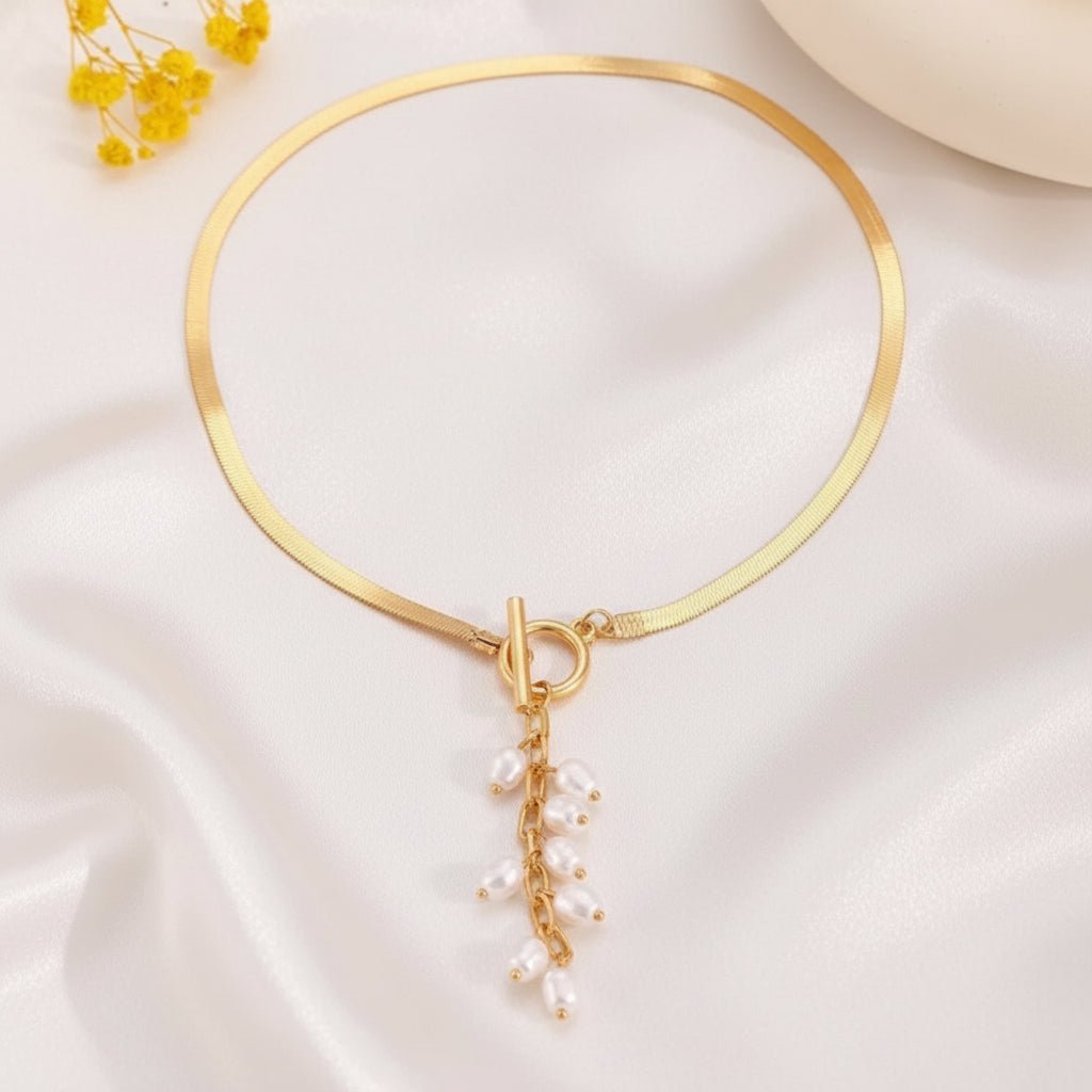 18K Gold Plated Chain With Pearls Necklace - DressAtR LLC