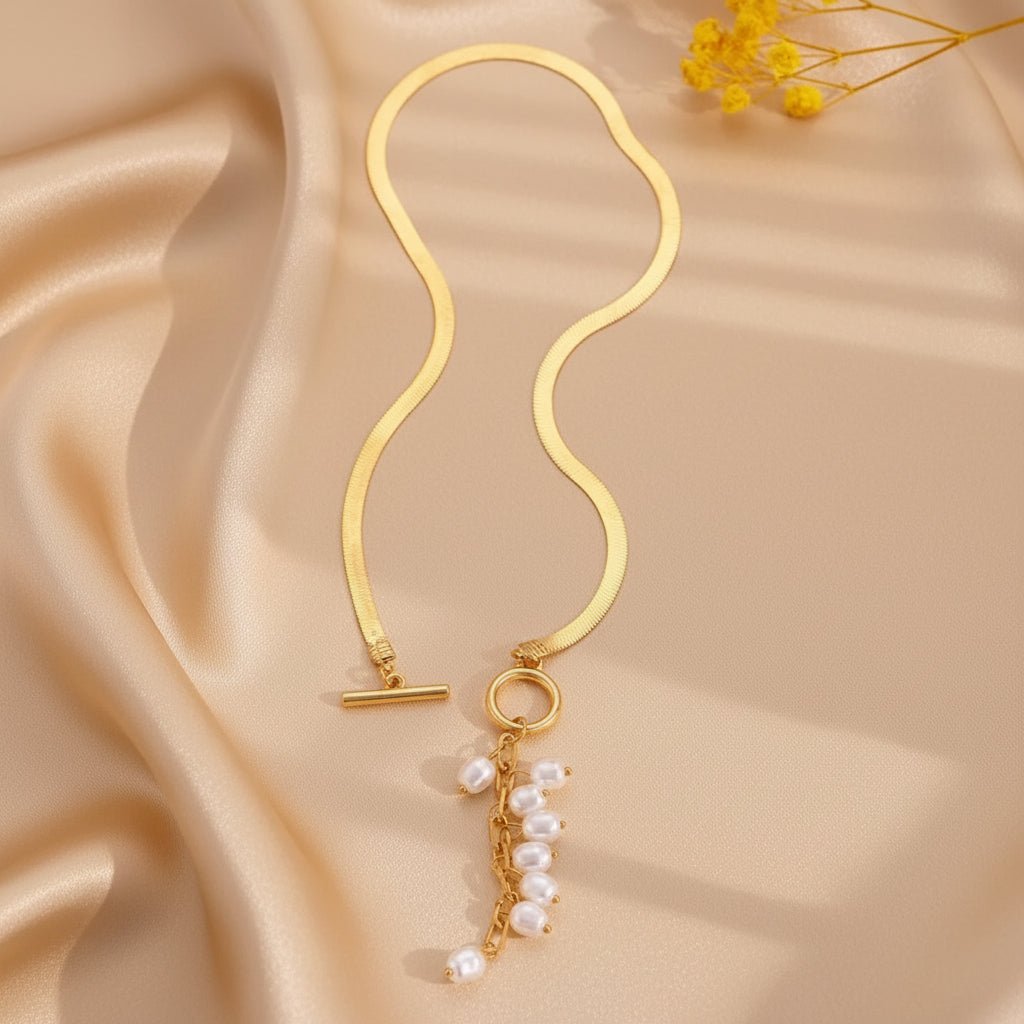 18K Gold Plated Chain With Pearls Necklace - DressAtR LLC