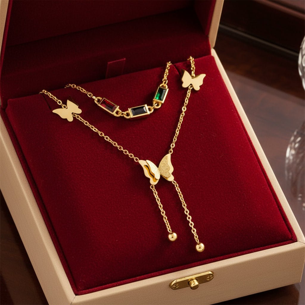 18K Gold Plated Double chain with stones and butterfly Necklace - DressAtR LLC