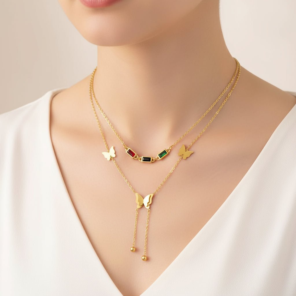 18K Gold Plated Double chain with stones and butterfly Necklace - DressAtR LLC