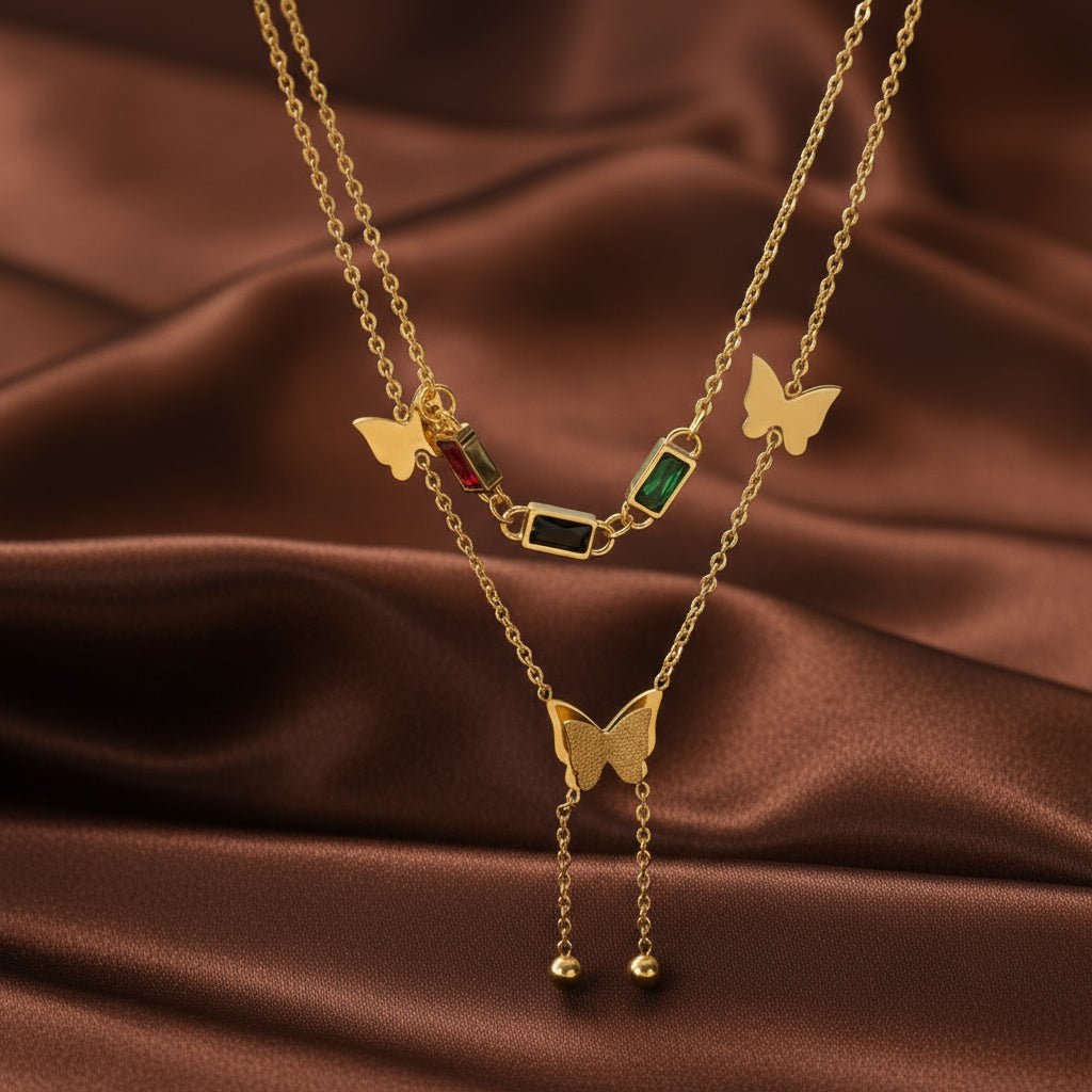 18K Gold Plated Double chain with stones and butterfly Necklace - DressAtR LLC