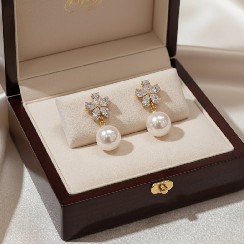 18K Gold Plated Drop Pearl & zircon Studs - DressAtR LLC