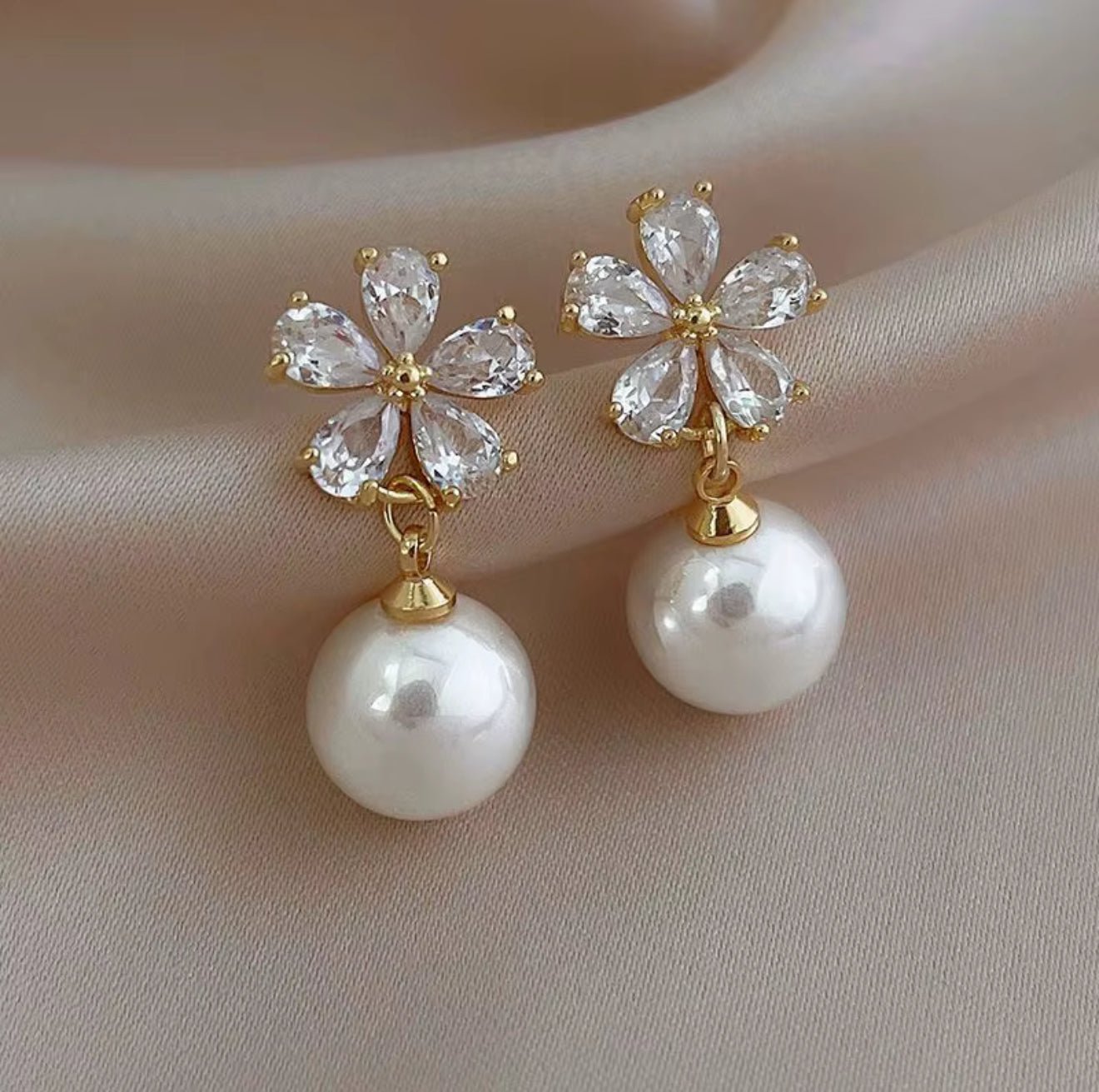 18K Gold Plated Drop Pearl & zircon Studs - DressAtR LLC