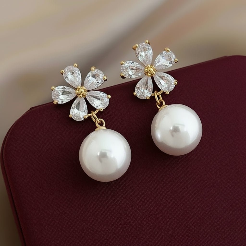 18K Gold Plated Drop Pearl & zircon Studs - DressAtR LLC