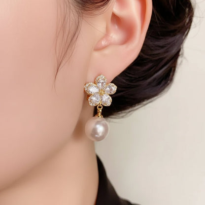 18K Gold Plated Drop Pearl & zircon Studs - DressAtR LLC