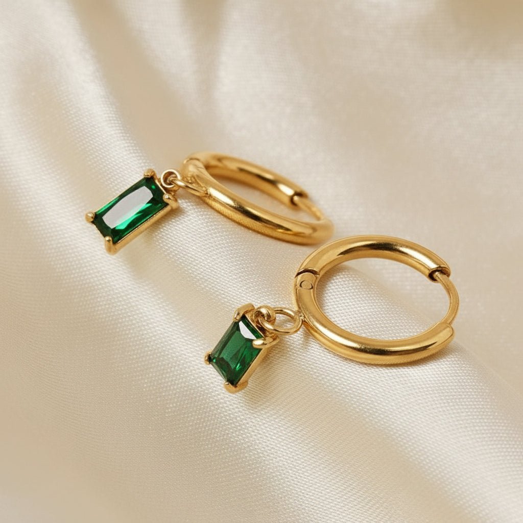 18K Gold Plated Emerald Hoop Earrings - DressAtR LLC