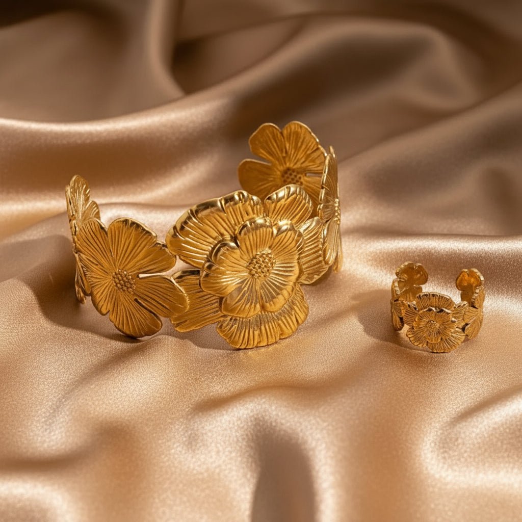 18K Gold Plated Flowers Ring and Bracelet - DressAtR LLC