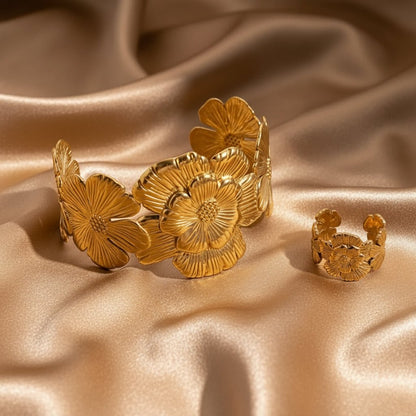 18K Gold Plated Flowers Ring and Bracelet - DressAtR LLC