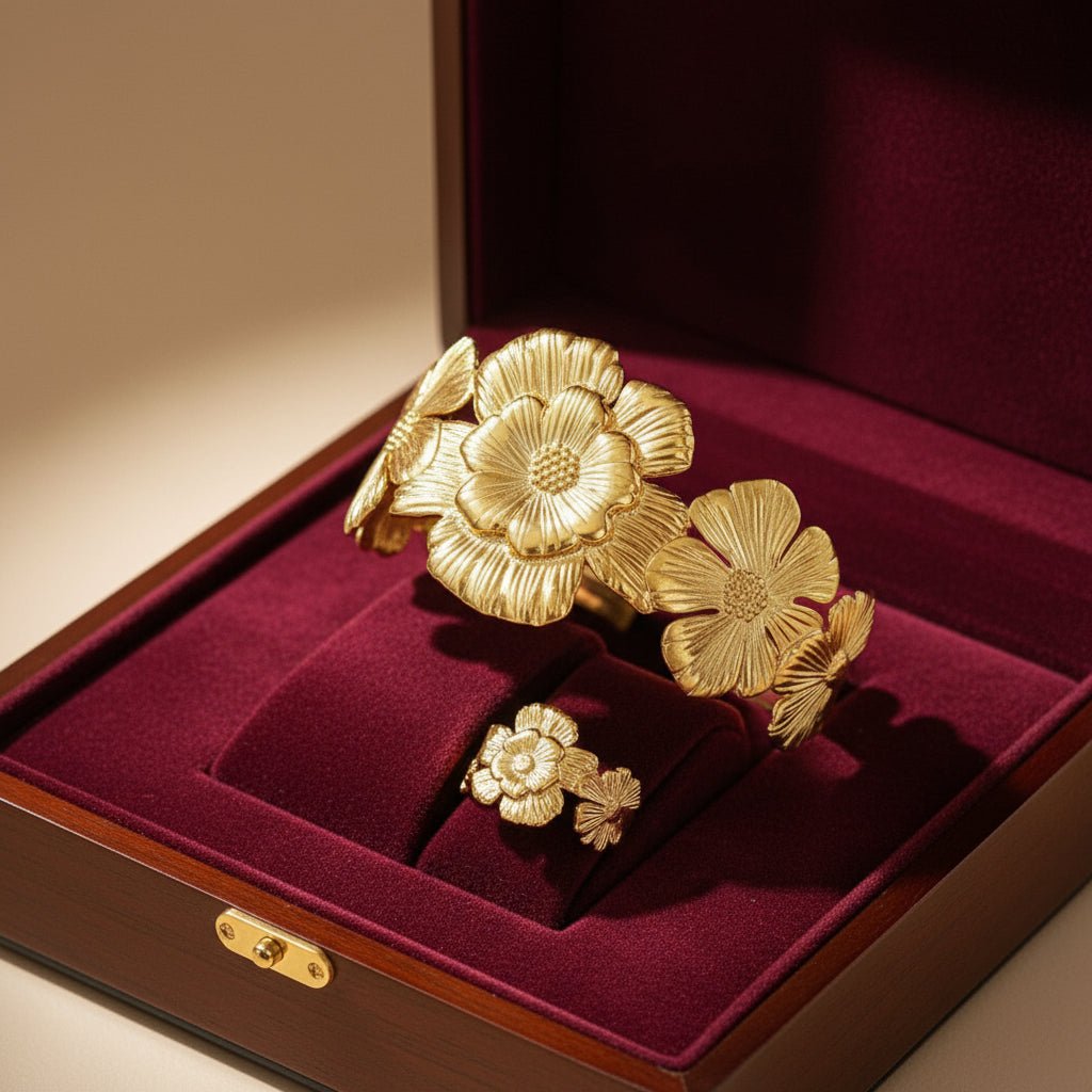 18K Gold Plated Flowers Ring and Bracelet - DressAtR LLC