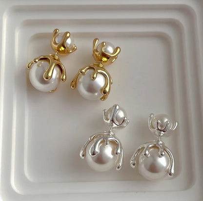 18K Gold Plated Freshwater Pearl Ear Studs - DressAtR LLC