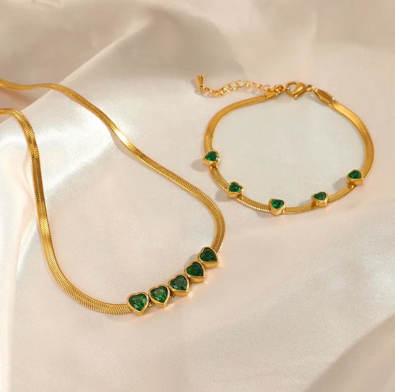 18K Gold Plated Green stone Heart Bracelet Necklace Set - DressAtR LLC