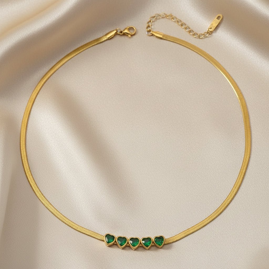 18K Gold Plated Green stone Heart Bracelet Necklace Set - DressAtR LLC