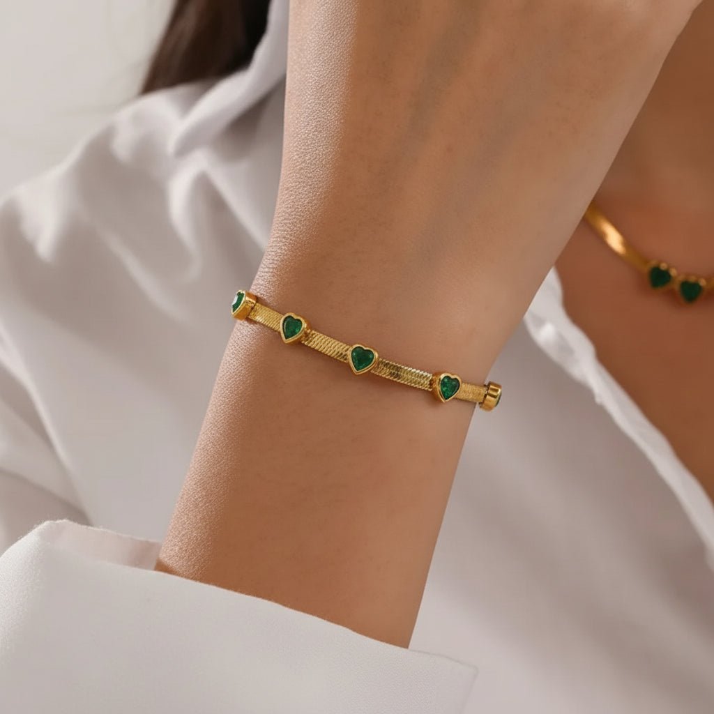18K Gold Plated Green stone Heart Bracelet Necklace Set - DressAtR LLC