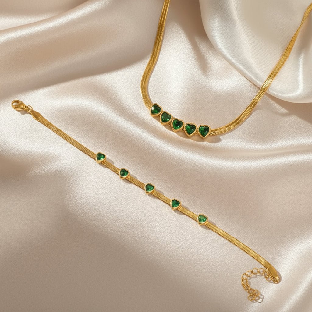 18K Gold Plated Green stone Heart Bracelet Necklace Set - DressAtR LLC