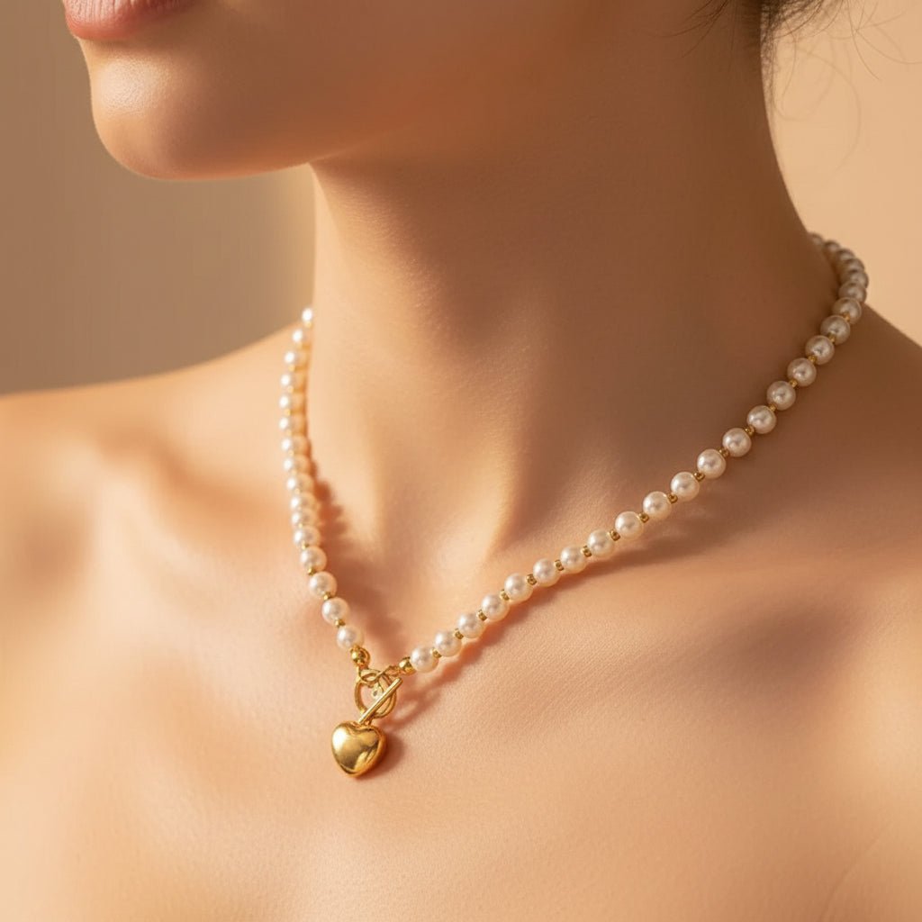 18K Gold Plated Heart Pandentwith Fresh Water Pearls Necklace - DressAtR LLC