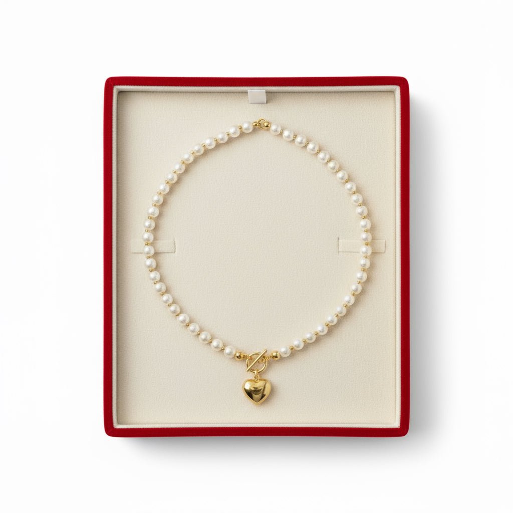 18K Gold Plated Heart Pandentwith Fresh Water Pearls Necklace - DressAtR LLC