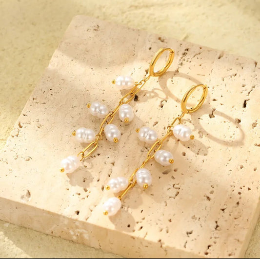 18K Gold Plated Pearl Long Earrings - DressAtR LLC