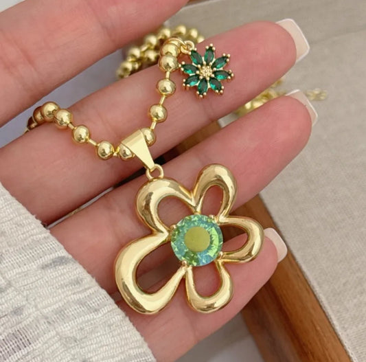 18K Gold Plated Plating Ball Chain Green Pendant Necklace - DressAtR LLC