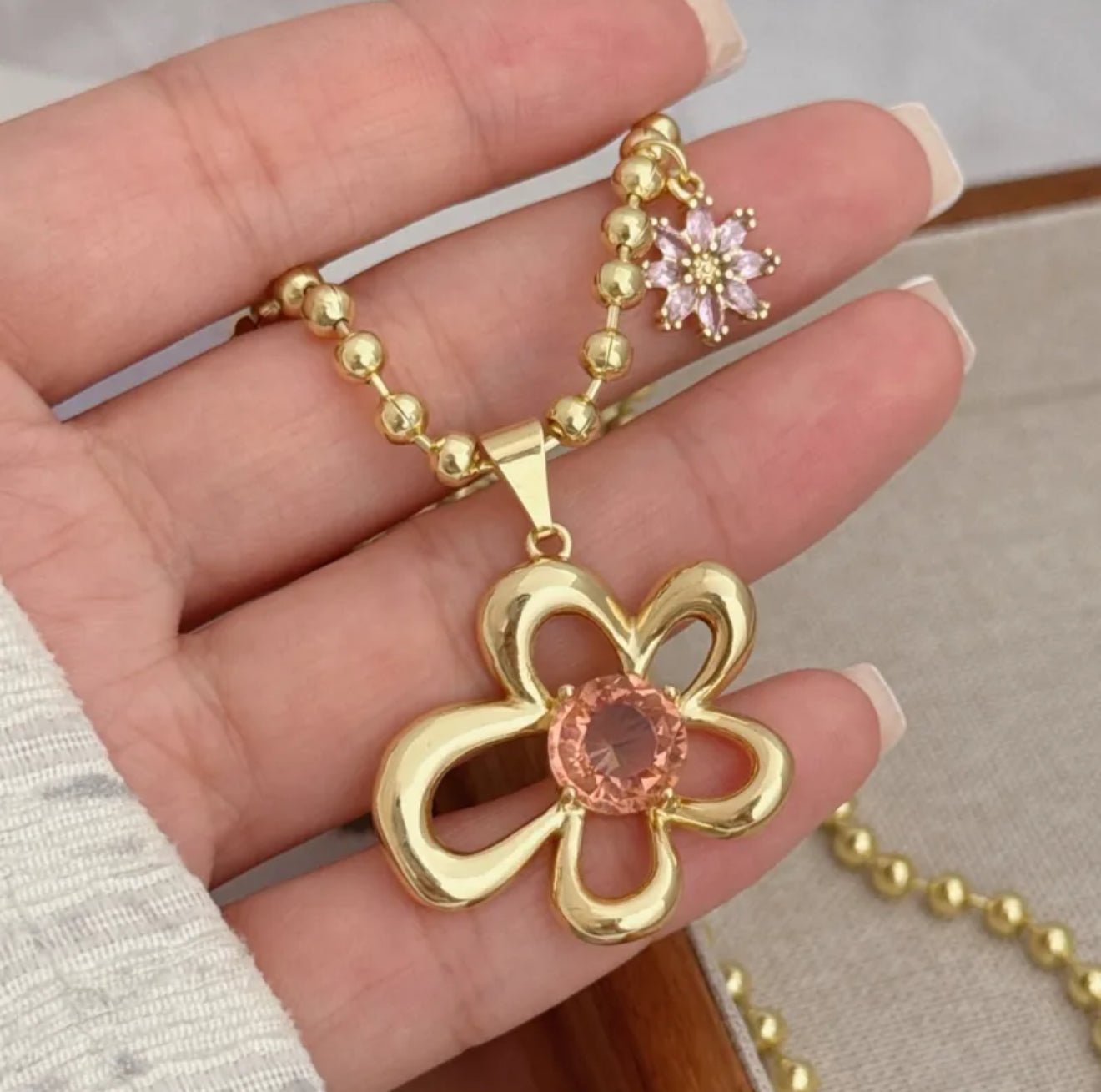 18K Gold Plated Plating Ball Chain Pink Pendant Necklace - DressAtR LLC