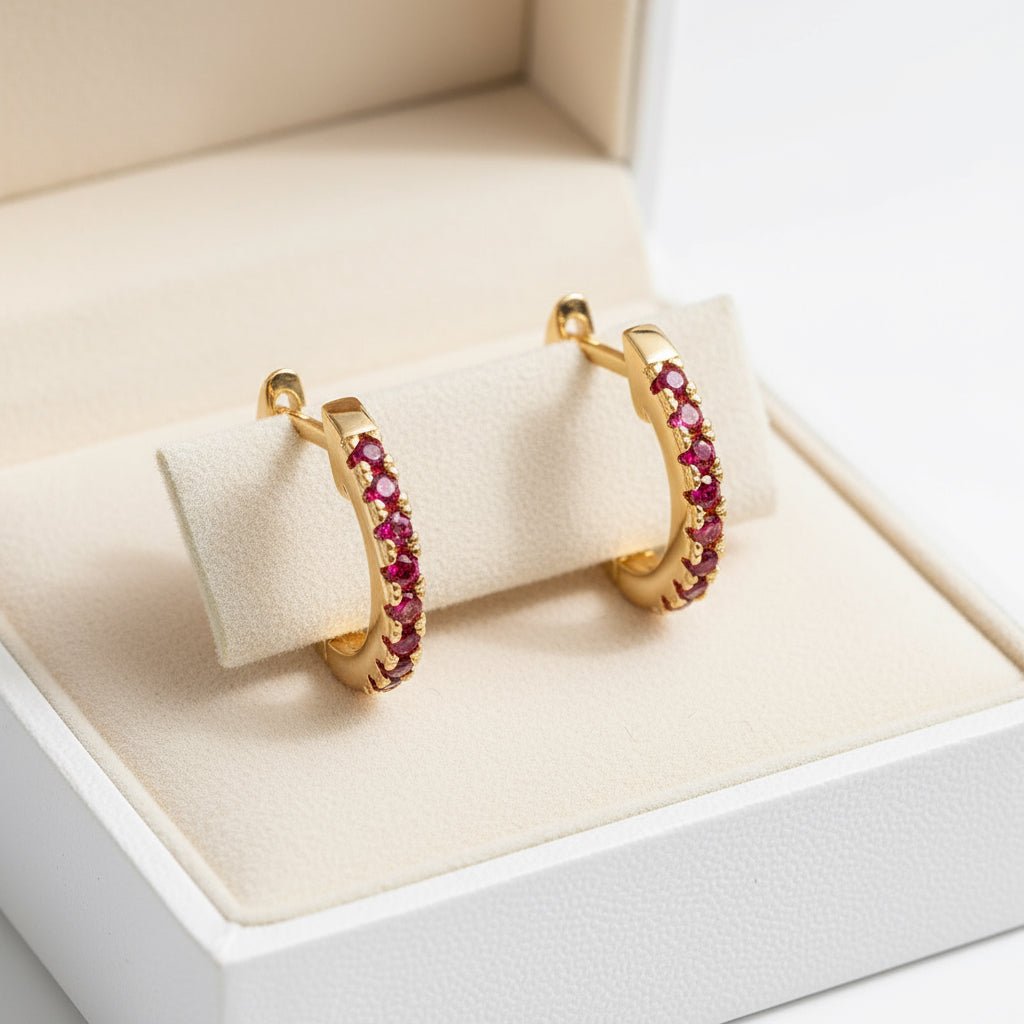 18K Gold Plated Ruby Ear Hoops - DressAtR LLC