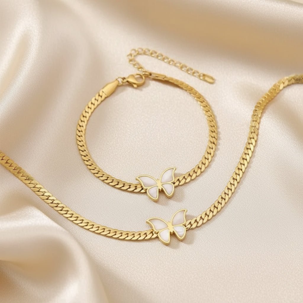 18K Gold Plated Waterproof Butterfly Bracelet, Necklace Set - DressAtR LLC