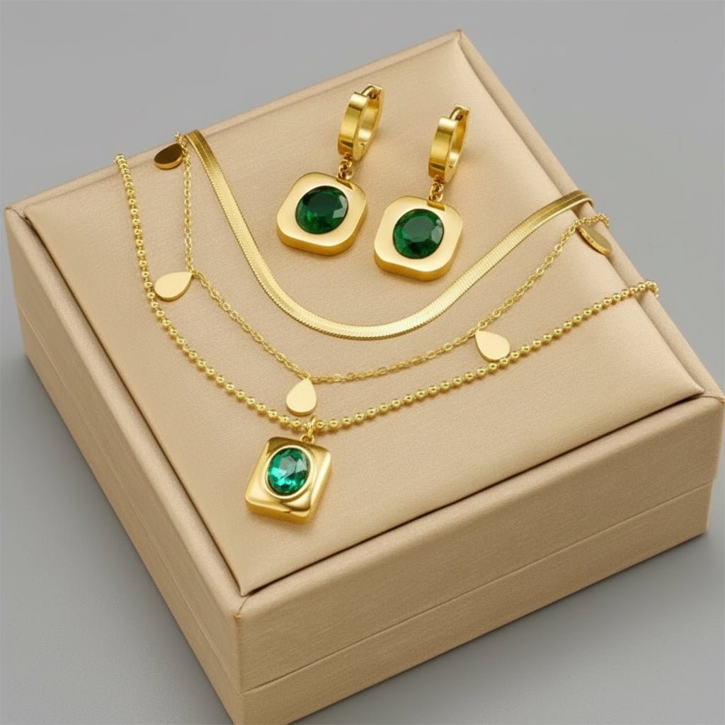 18K Gold Plated Waterproof Earrings Necklace Set - DressAtR LLC