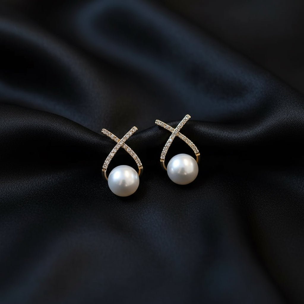 18K Gold Plated With Pearl and Zircon Ear Studs - DressAtR LLC