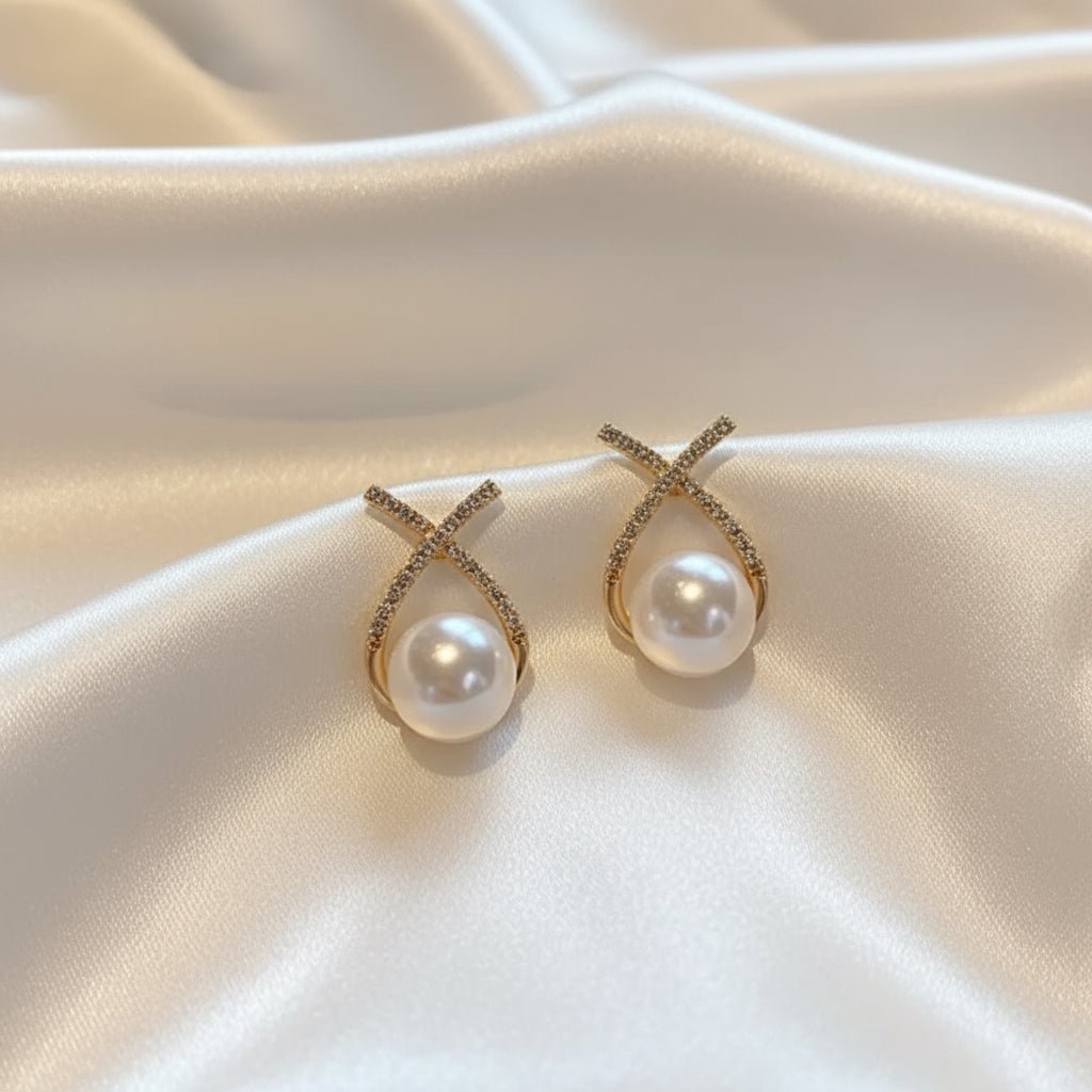 18K Gold Plated With Pearl and Zircon Ear Studs - DressAtR LLC