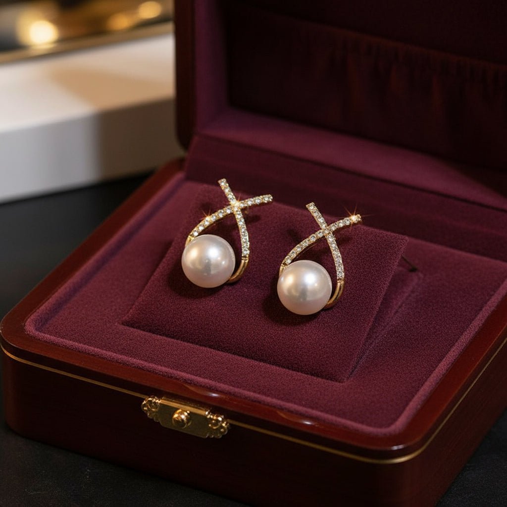 18K Gold Plated With Pearl and Zircon Ear Studs - DressAtR LLC