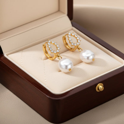 18K Gold Plated With Zircon, and Pearl Drop Earrings - DressAtR LLC