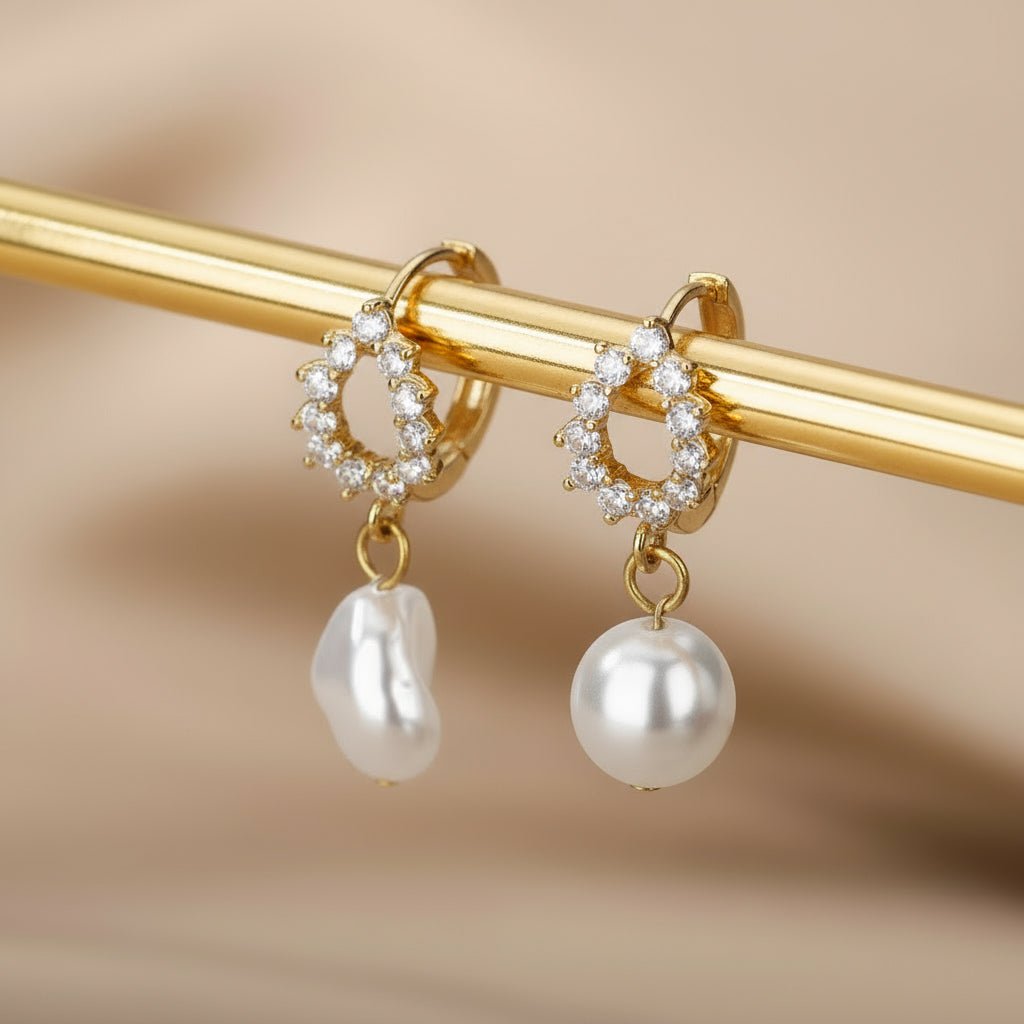 18K Gold Plated With Zircon, and Pearl Drop Earrings - DressAtR LLC