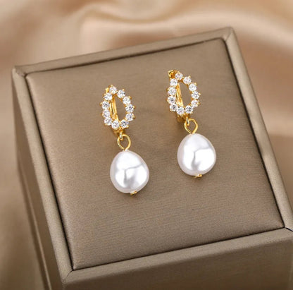 18K Gold Plated With Zircon, and Pearl Drop Earrings - DressAtR LLC