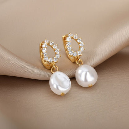 18K Gold Plated With Zircon, and Pearl Drop Earrings - DressAtR LLC