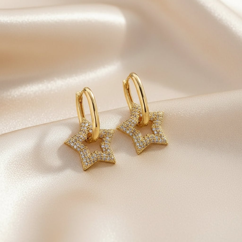 18K Gold Star Dangle Hoops - DressAtR LLC