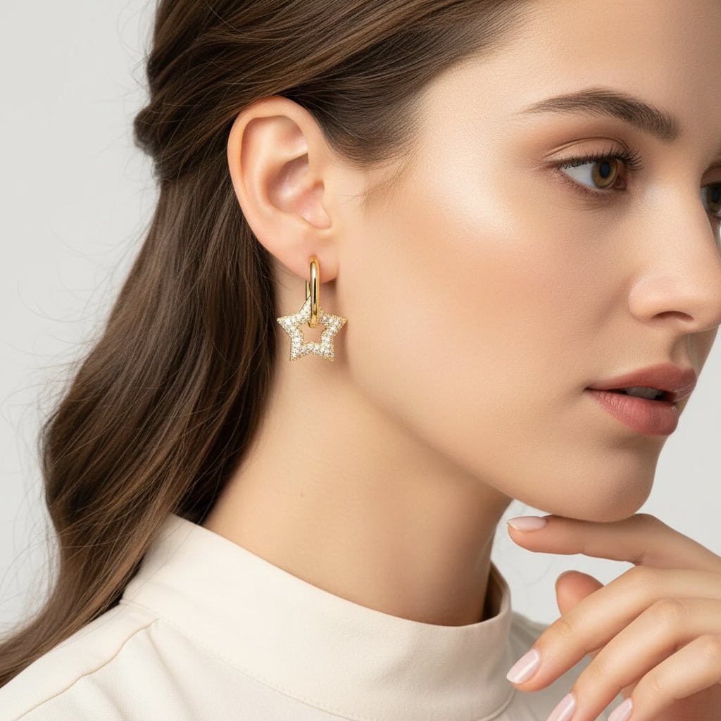18K Gold Star Dangle Hoops - DressAtR LLC