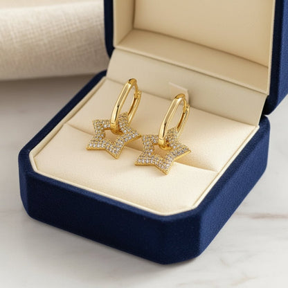 18K Gold Star Dangle Hoops - DressAtR LLC
