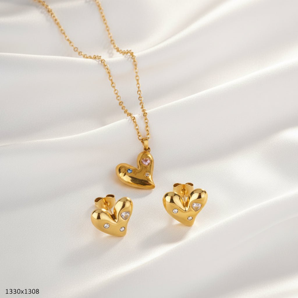DressAtR 18K Gold Plated Stainless Steel PVD Coated Heart Shape Earrings, Necklace Set - DressAtR LLC