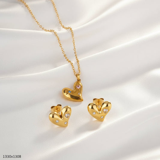DressAtR 18K Gold Plated Stainless Steel PVD Coated Heart Shape Earrings, Necklace Set - DressAtR LLC