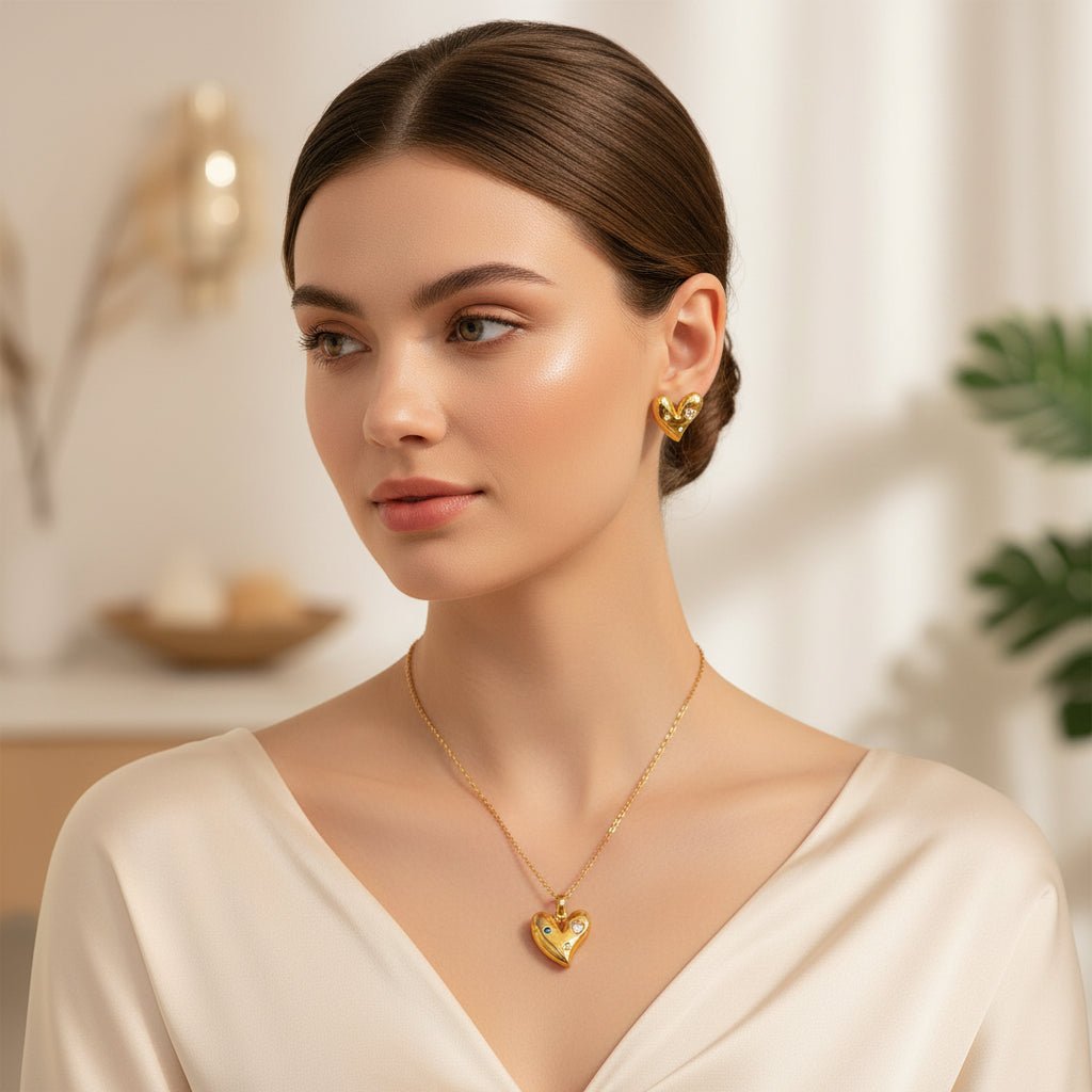 DressAtR 18K Gold Plated Stainless Steel PVD Coated Heart Shape Earrings, Necklace Set - DressAtR LLC