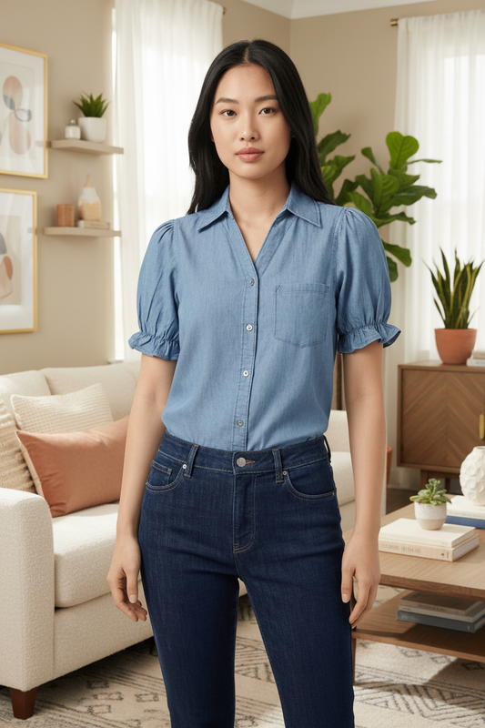 DressAtR Denim Blue Haze Puff Sleeves Shirt - DressAtR LLC