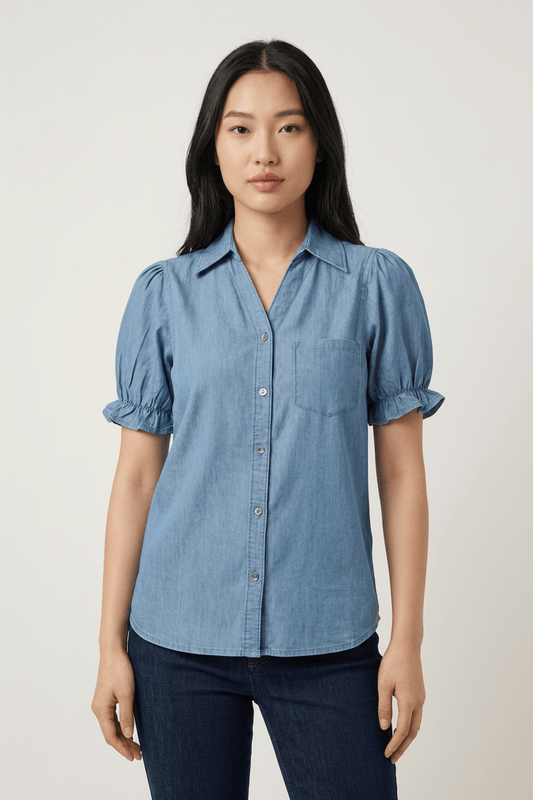 DressAtR Denim Blue Haze Puff Sleeves Shirt - DressAtR LLC