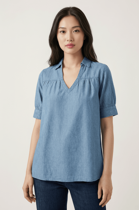 DressAtR Denim Cloudy V - Collar Top - DressAtR LLC