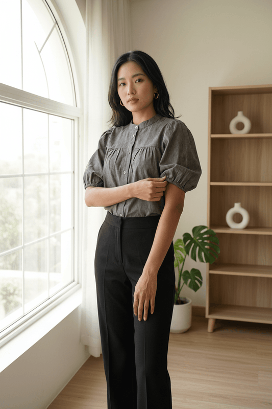 DressAtR Denim Steel Blossom 3/4 Sleeve Blouse - DressAtR LLC