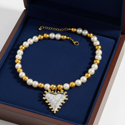Elegant 18K Yellow & White Gold Plated With Pearls Heart Pandant Necklace - DressAtR LLC
