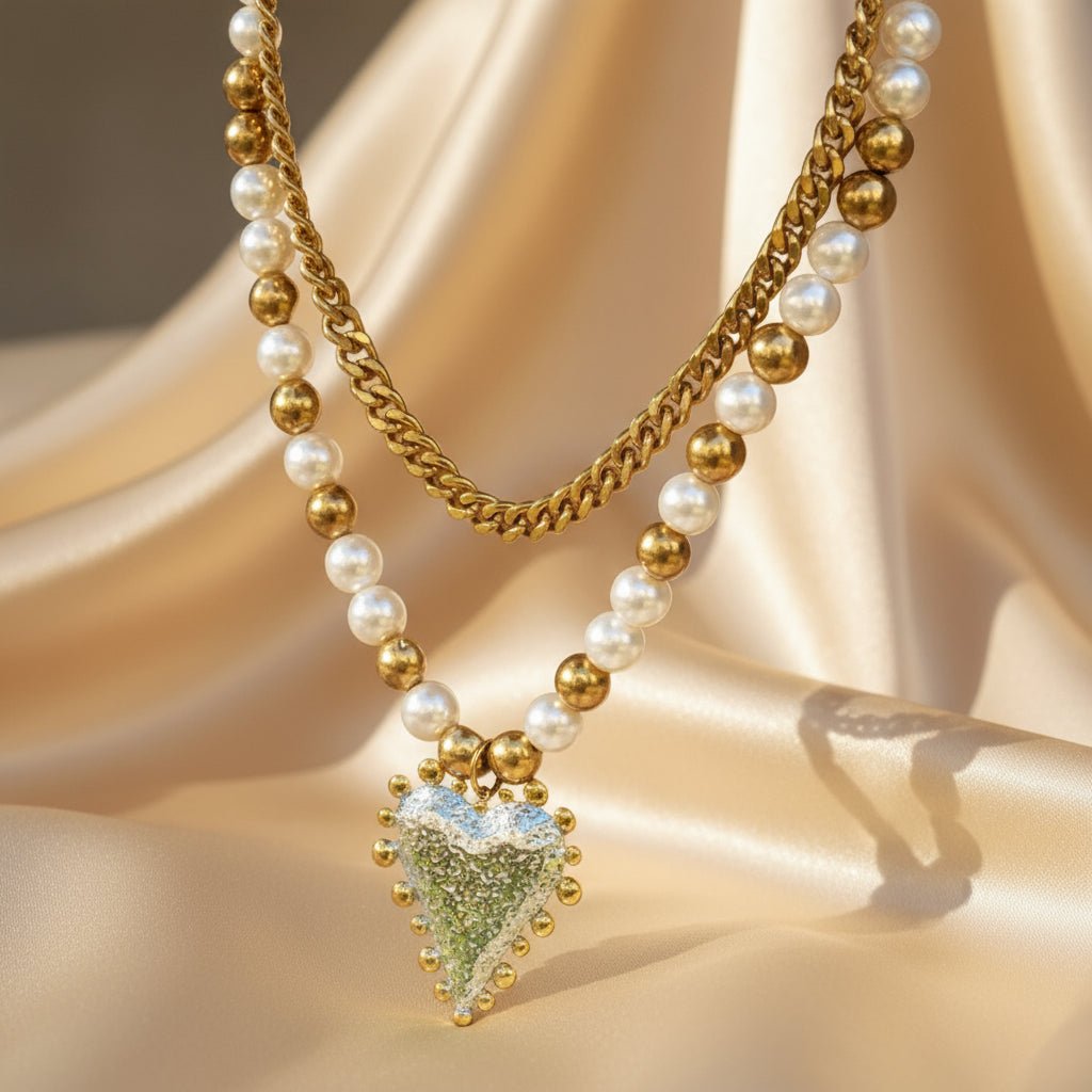 Elegant 18K Yellow & White Gold Plated With Pearls Heart Pandant Necklace - DressAtR LLC